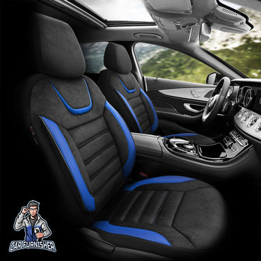 Car Seat Cover Set - Extra Support Iconic Design Blue 5 Seats + Headrests (Full Set) Leather & Lacoste Fabric